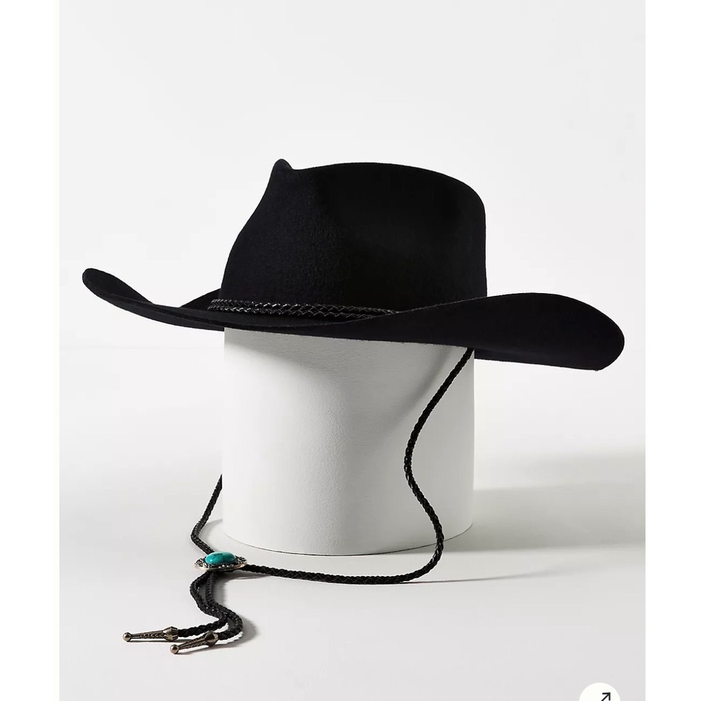 Black Wool Cowboy Hat with Turquoise Bolo Chin Strap Western Rancher Hat New